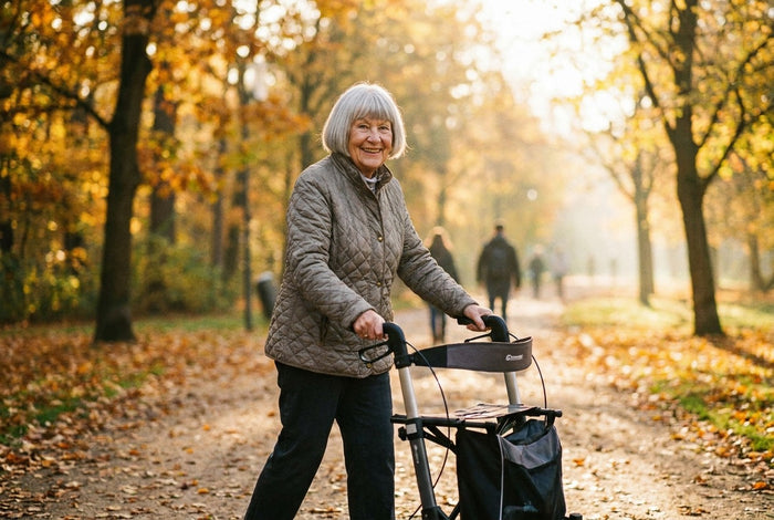 Seniorin mit Rollator auf einem sonnigen Parkweg