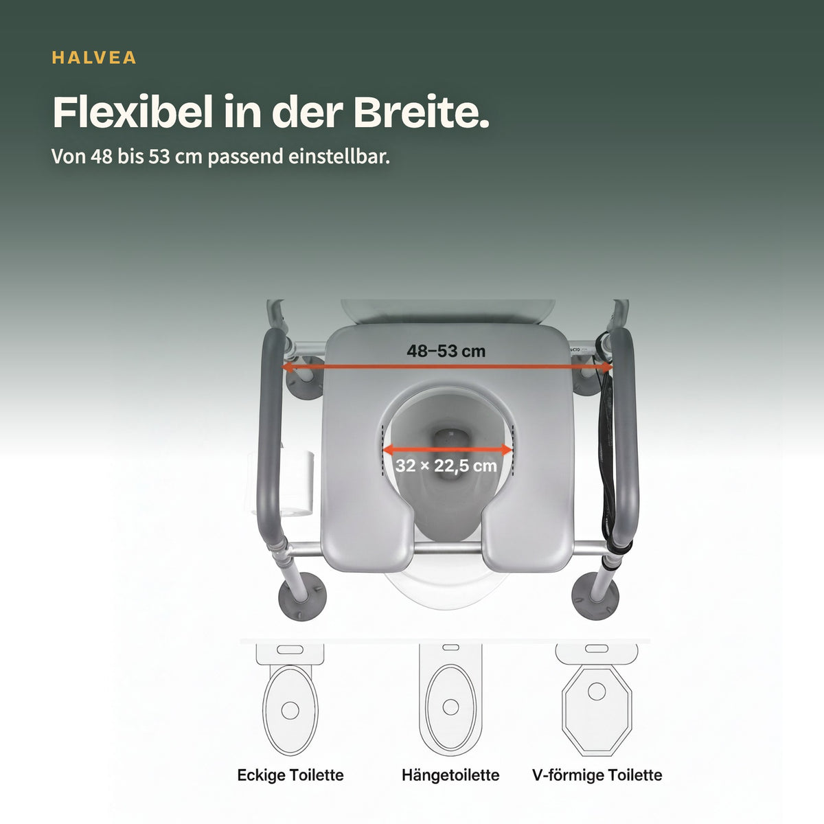 Breitenverstellbarer Toilettenstuhl mit Sitzbreite von 48 bis 53 cm