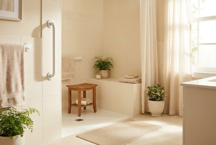 Helles Badezimmer mit Haltegriff und Duschhocker