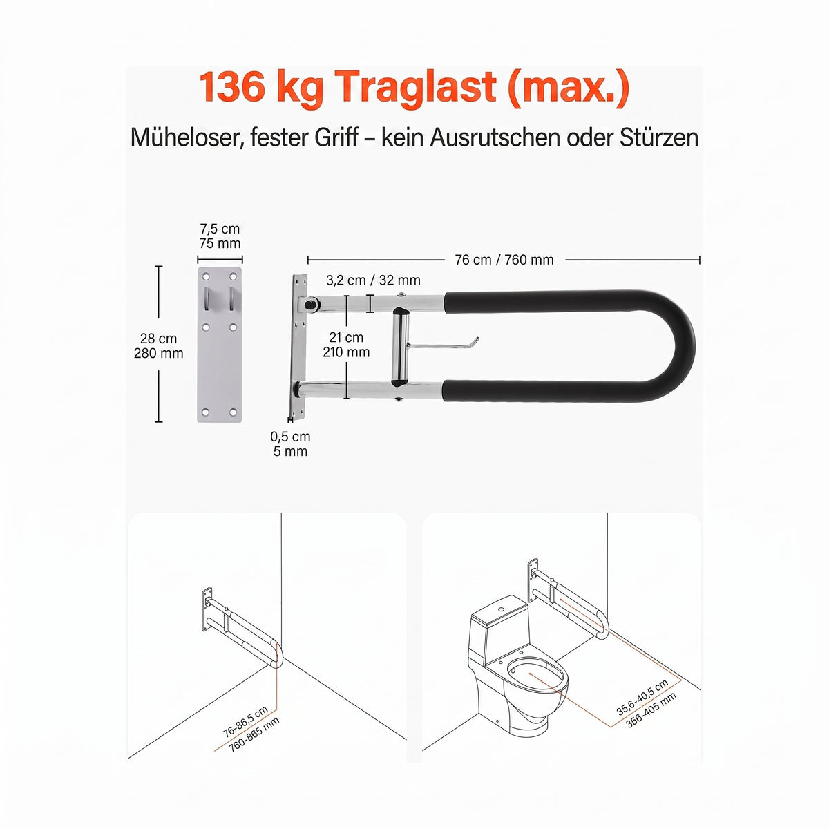 hochklappbarer wand stuetzgriff papierhalter 76 5 cm