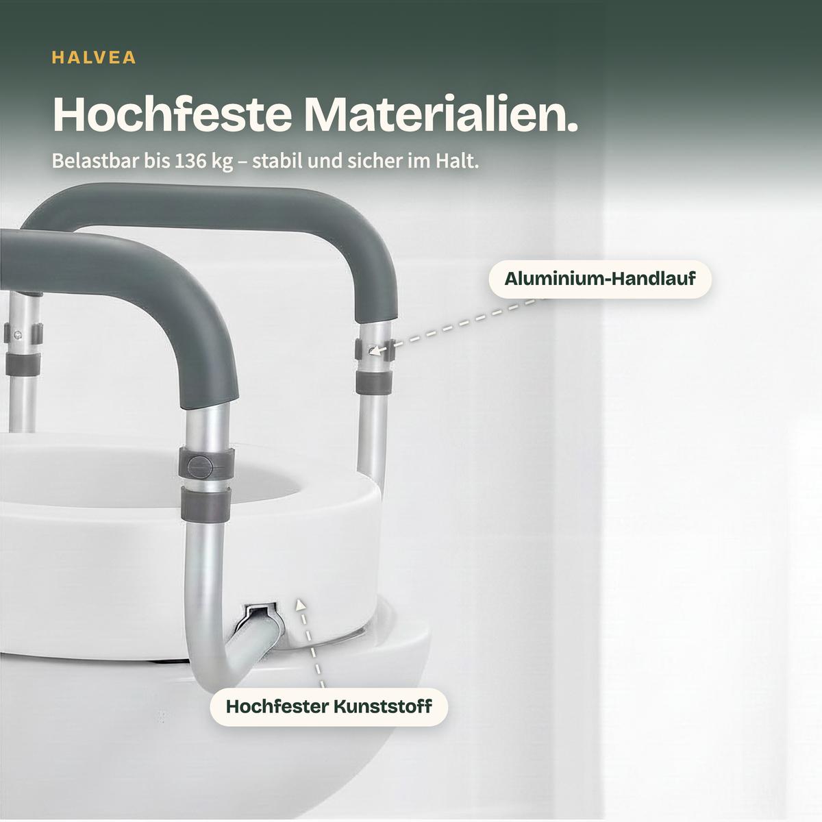 Toilettensitzerhöhung aus hochfestem Kunststoff mit Aluminium-Handlauf, belastbar bis 136 kg