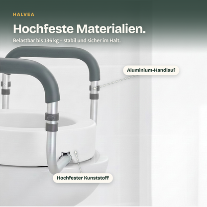 Toilettensitzerhöhung aus hochfestem Kunststoff mit Aluminium-Handlauf, belastbar bis 136 kg