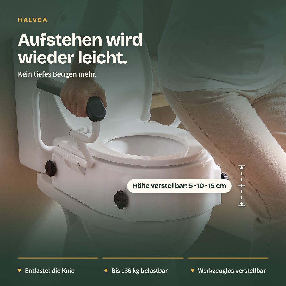 Toilettensitzerhöhung höhenverstellbar 3-stufig, gepolsterte Armlehnen, bis 136 kg