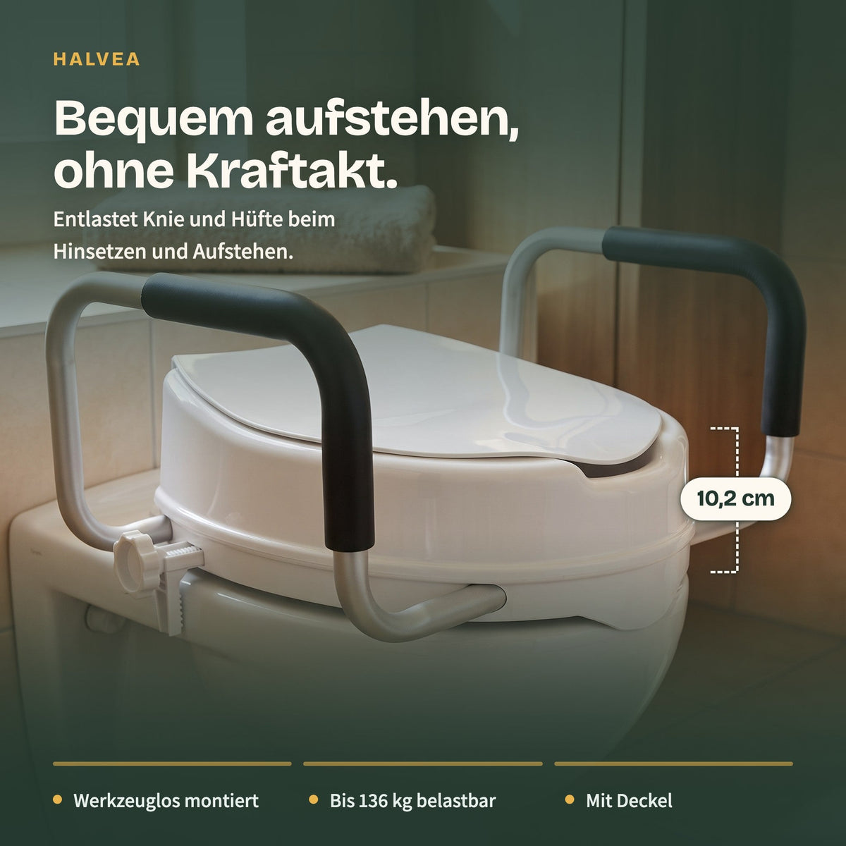 Toilettensitzerhöhung 10 cm mit Deckel & gepolsterten Griffen, bis 136 kg