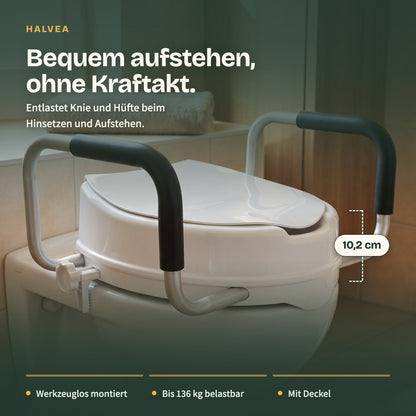 Toilettensitzerhöhung 10 cm mit Deckel & gepolsterten Griffen, bis 136 kg