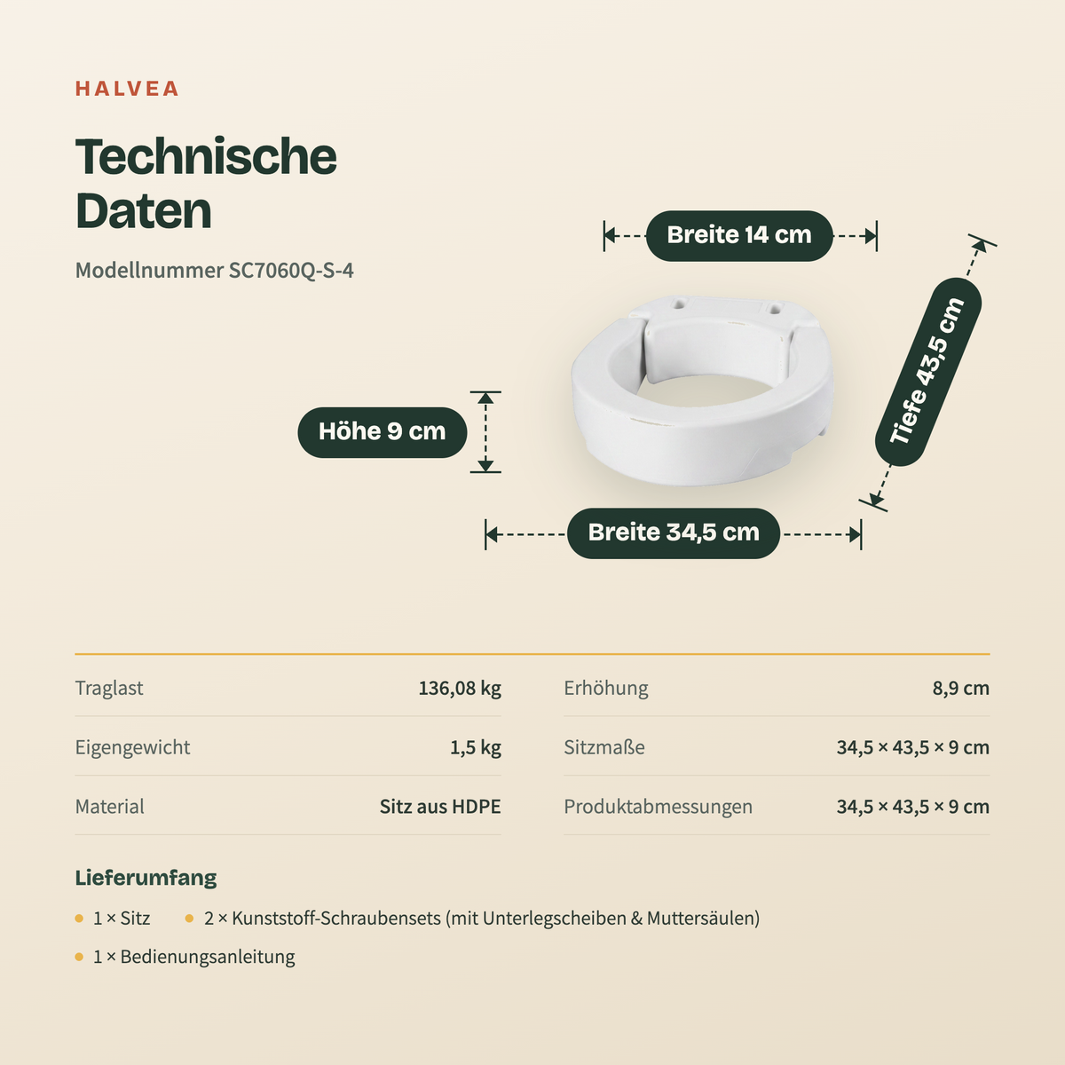 Toilettensitzerhöhung ca. 9 cm mit vergrößerter Öffnung, bis 136 kg