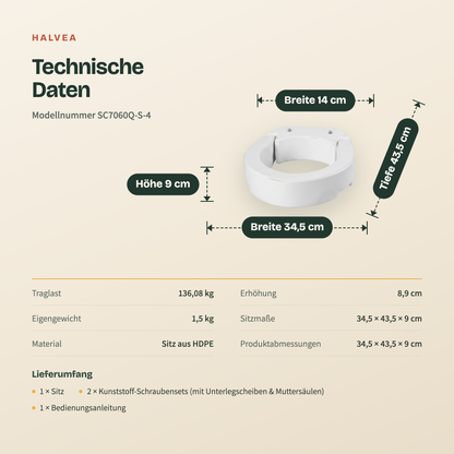 Toilettensitzerhöhung ca. 9 cm mit vergrößerter Öffnung, bis 136 kg