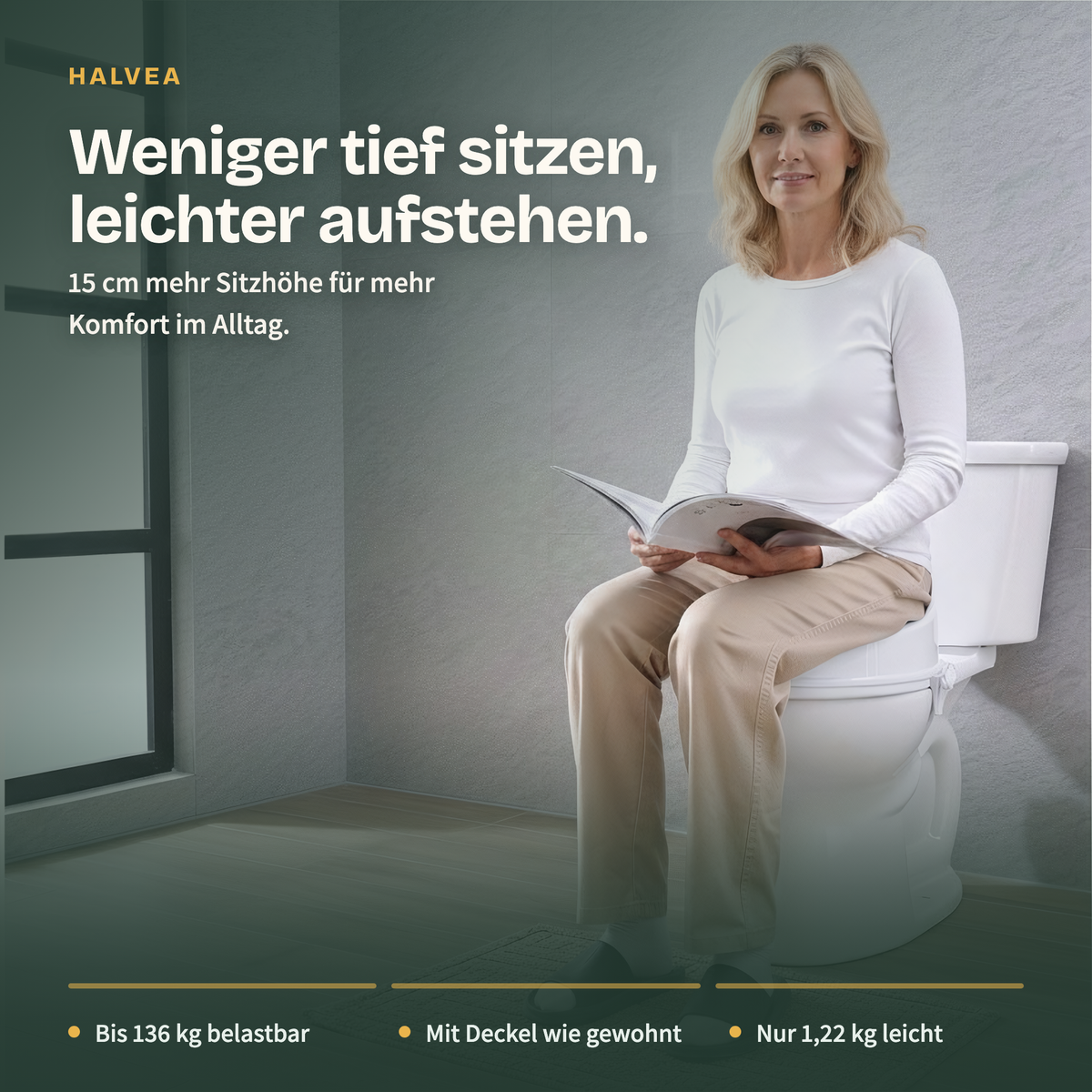 Toilettensitzerhöhung mit Deckel, bis 136 kg, Weiß