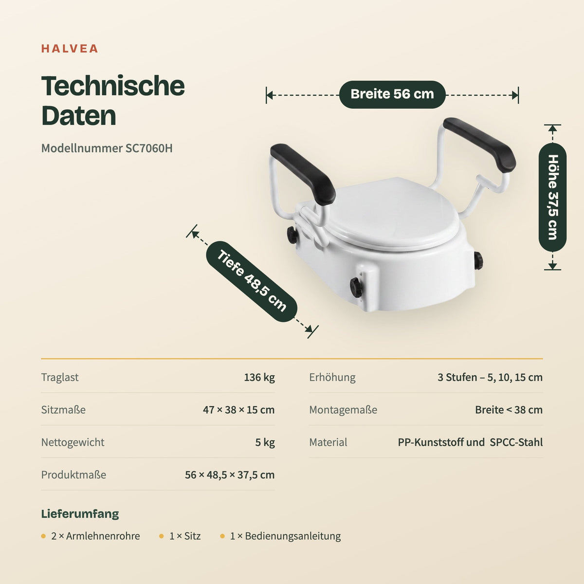 Toilettensitzerhöhung höhenverstellbar 3-stufig, gepolsterte Armlehnen, bis 136 kg