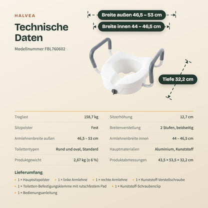 Toilettensitzerhöhung ca. 13 cm mit Haltegriffen, Weiß
