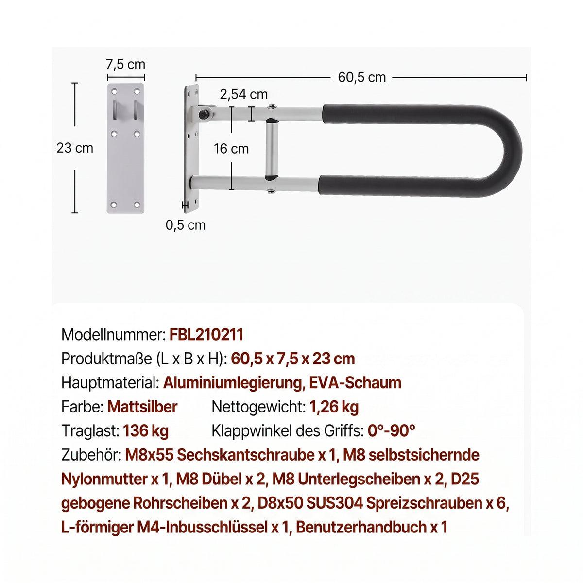 u foermiger klappgriff wand 60 cm