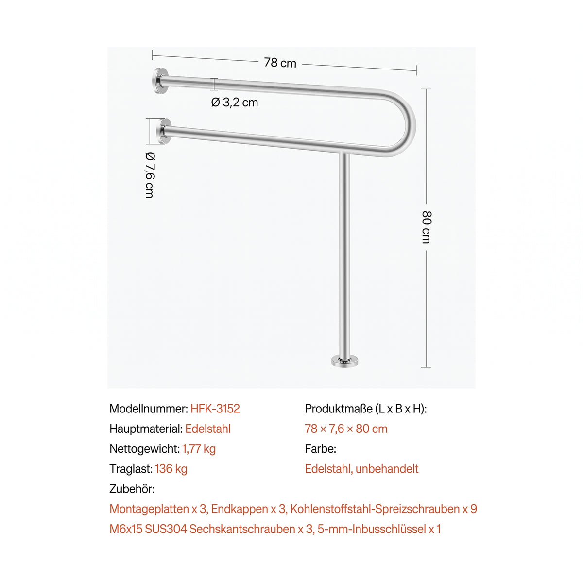 wand stuetzgriff edelstahl stuetzbein 78 cm