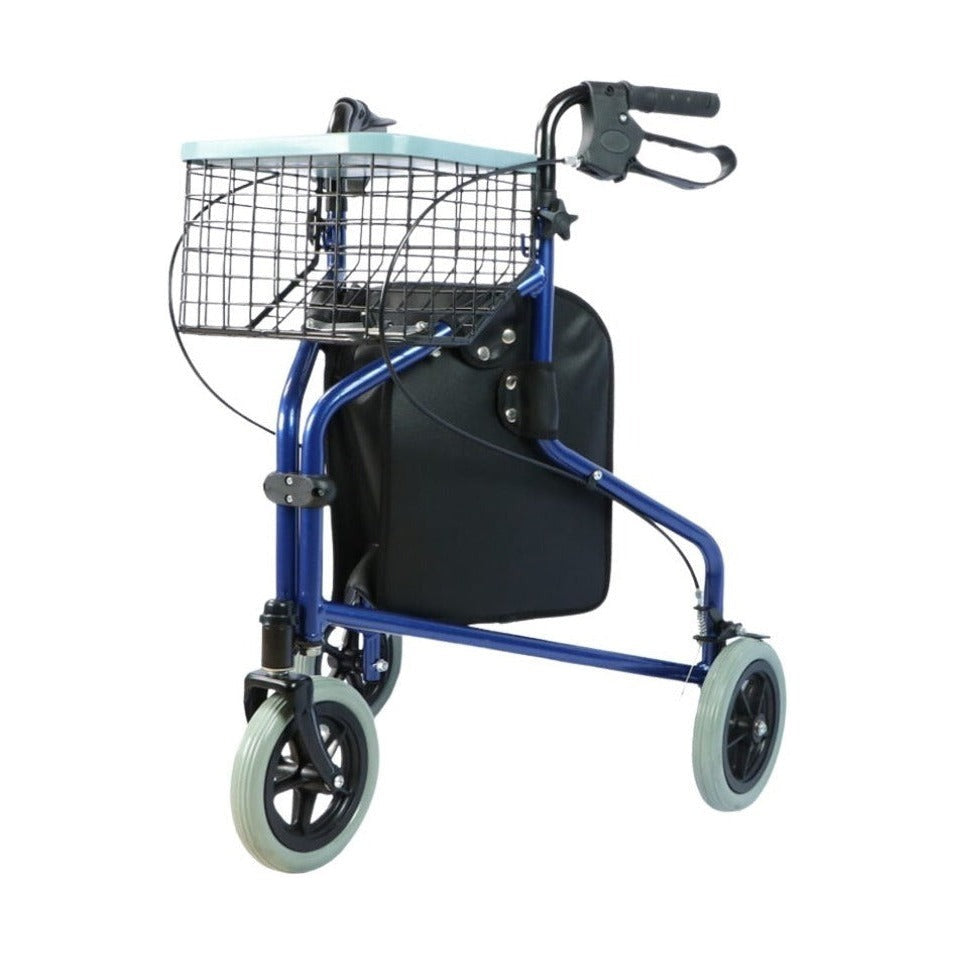 Rehafund Praktikus 3-Rad-Rollator mit Korb und Tasche, bis 110 kg – Blau