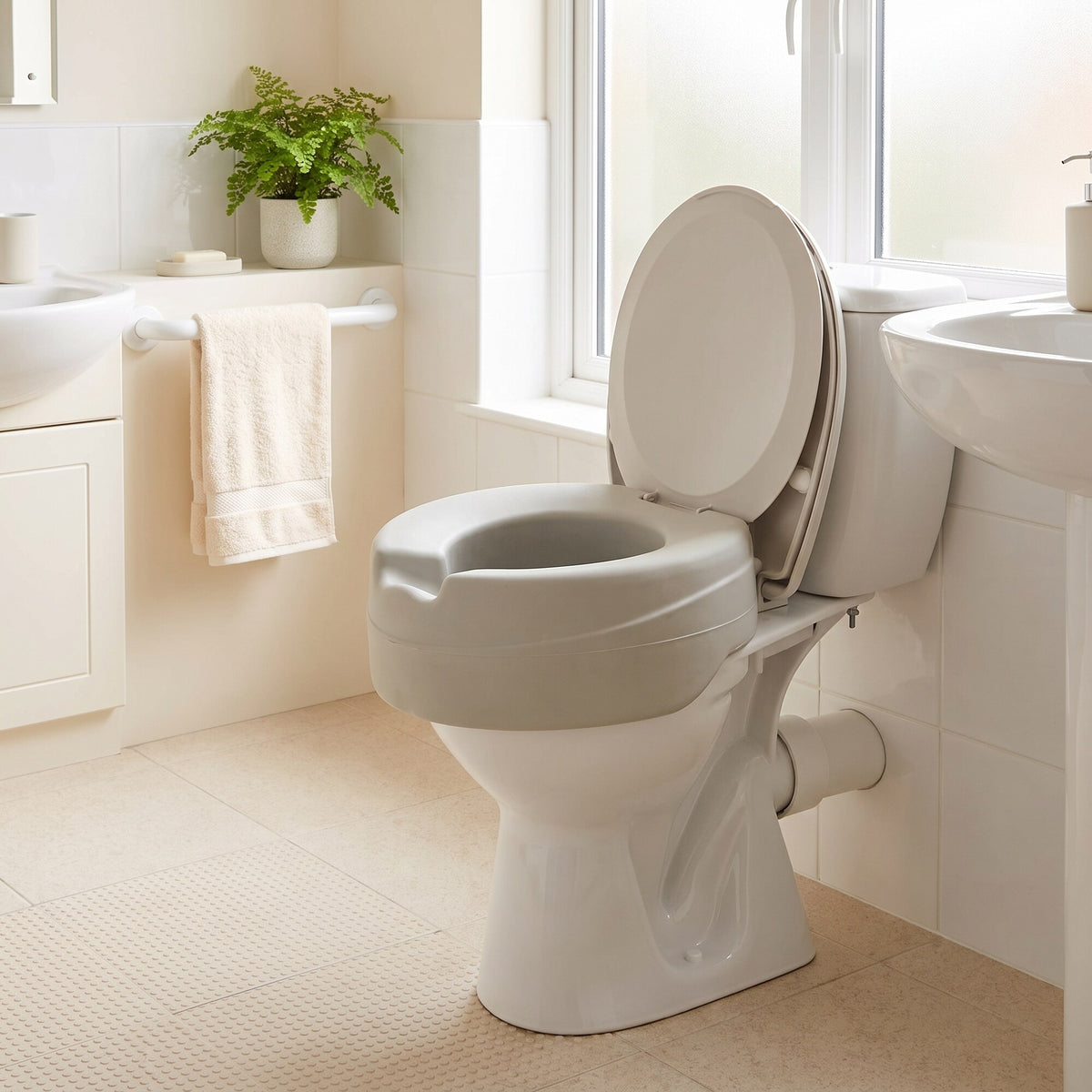Weich gepolsterte Toilettensitzerhöhung 11 cm montiert im Badezimmer