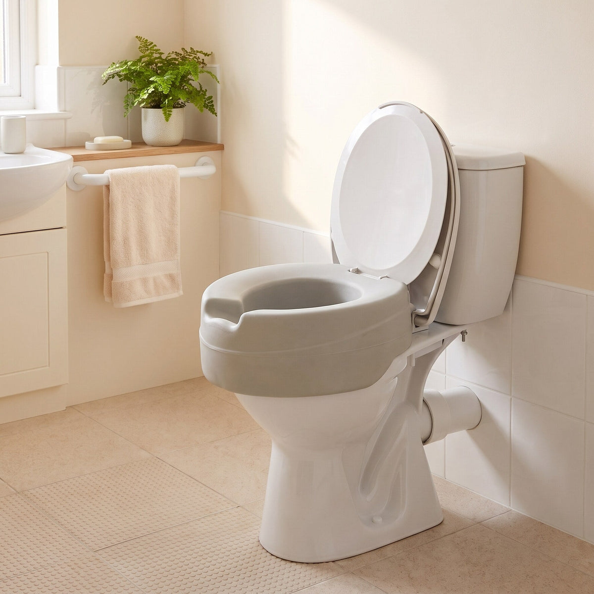 Weich gepolsterte Toilettensitzerhöhung 14 cm montiert im Badezimmer