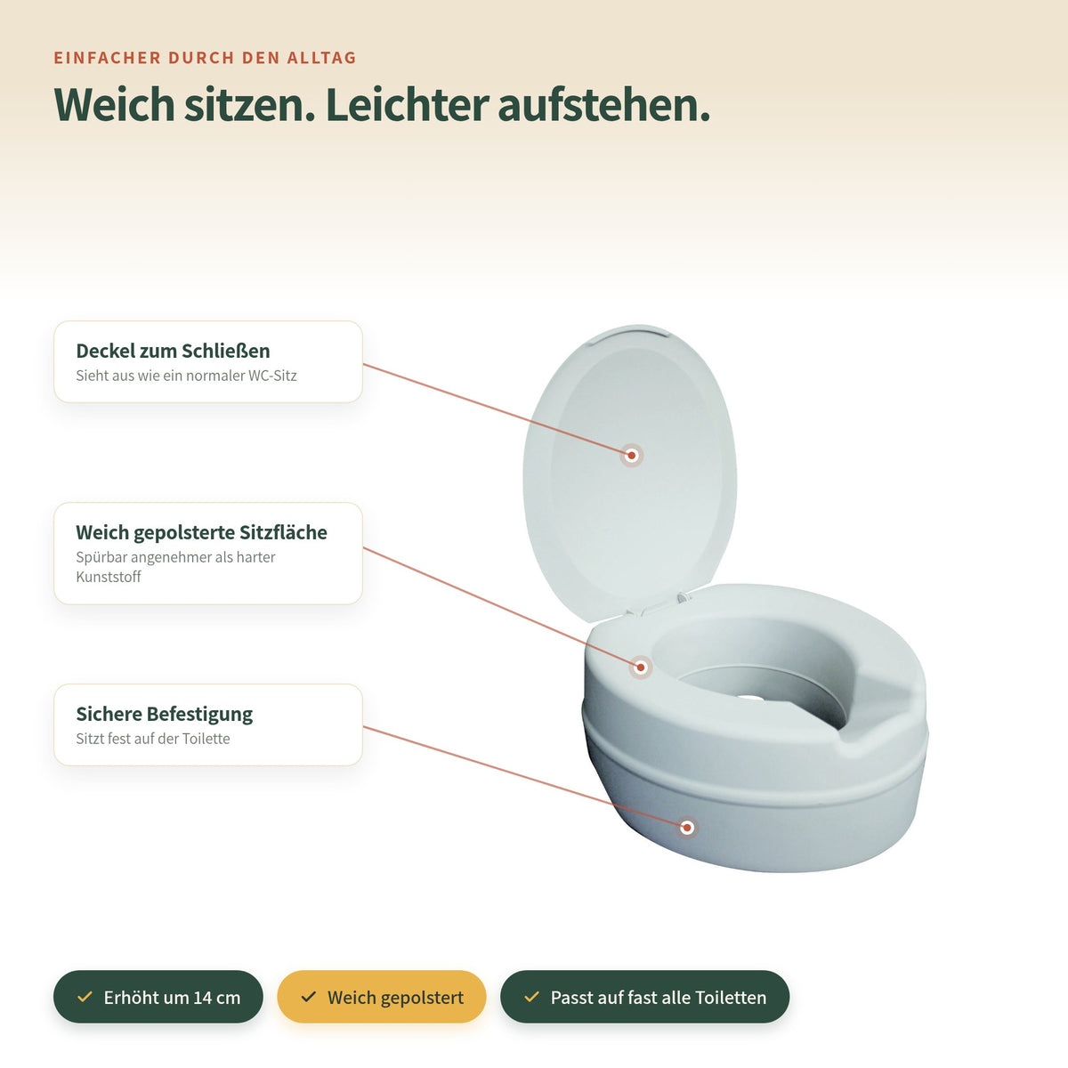 Weich gepolsterte Toilettensitzerhöhung 14 cm – Funktionen im Überblick