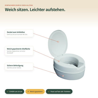 Weich gepolsterte Toilettensitzerhöhung 14 cm – Funktionen im Überblick