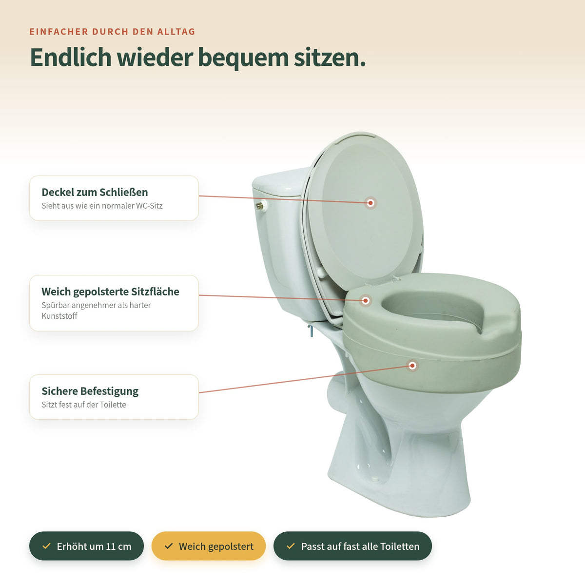 Weich gepolsterte Toilettensitzerhöhung 11 cm – Funktionen im Überblick