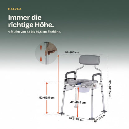 Halvea adjustable padded commode chair with height and width measurements for elderly care and mobility support