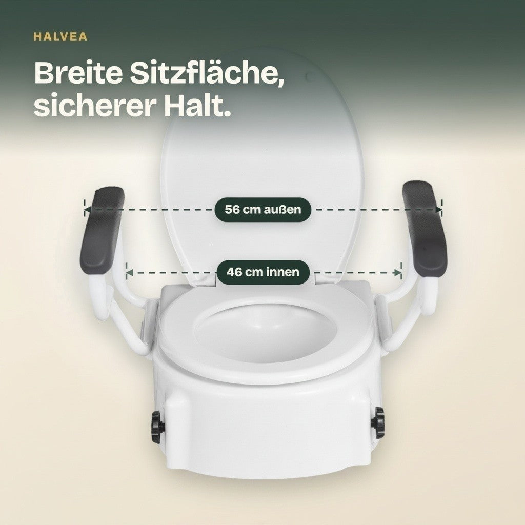 Halvea height-adjustable toilet seat riser with padded armrests and lid for seniors, white plastic and steel frame
