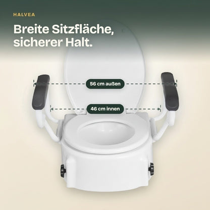 Halvea height-adjustable toilet seat riser with padded armrests and lid for seniors, white plastic and steel frame