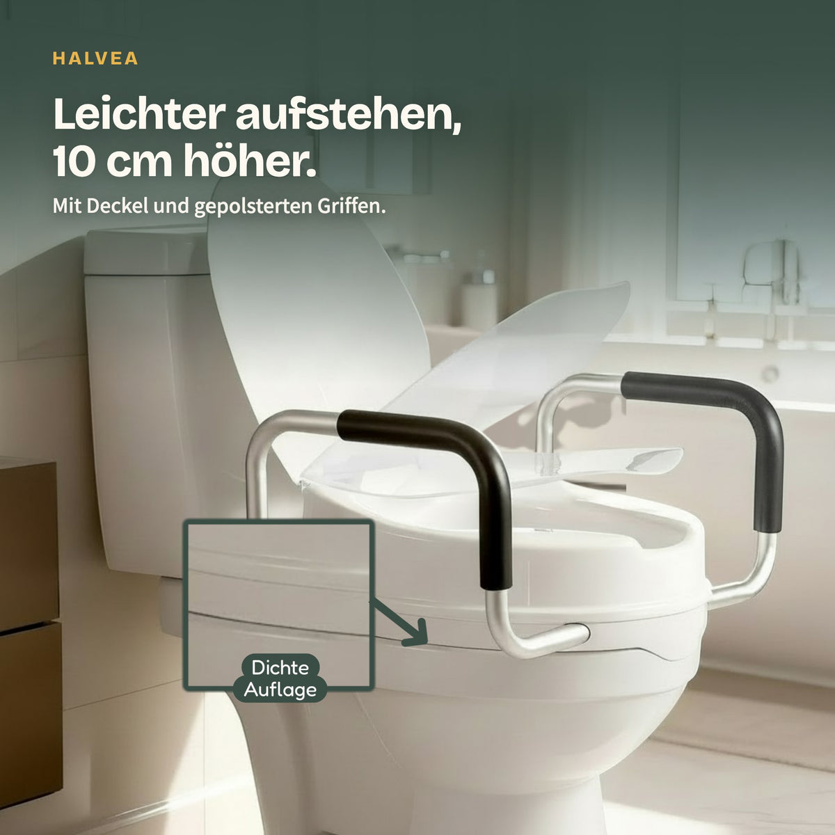 Halvea 10 cm toilet seat riser with lid and padded aluminium handles for senior mobility support in a bathroom