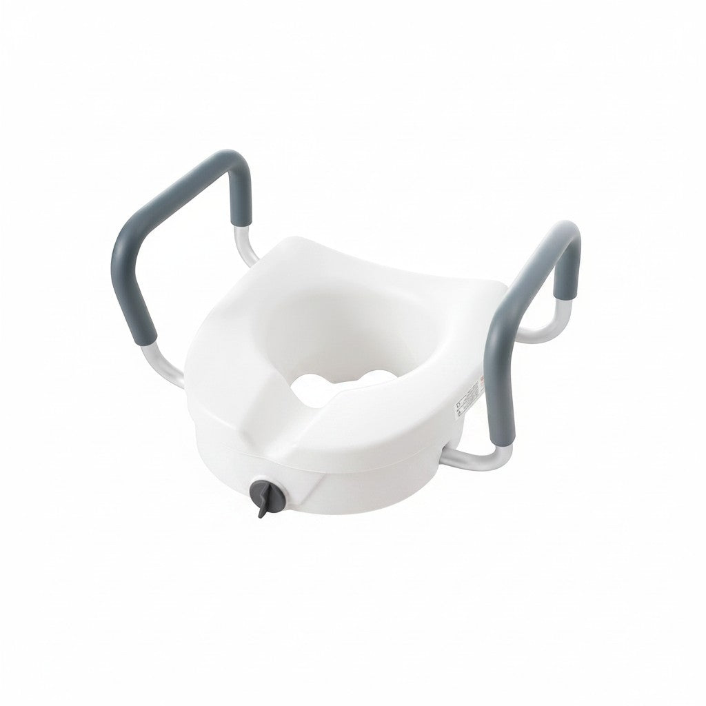 Halvea white toilet seat riser with adjustable padded armrests for elderly support and mobility assistance