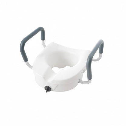 Halvea white toilet seat riser with adjustable padded armrests for elderly support and mobility assistance