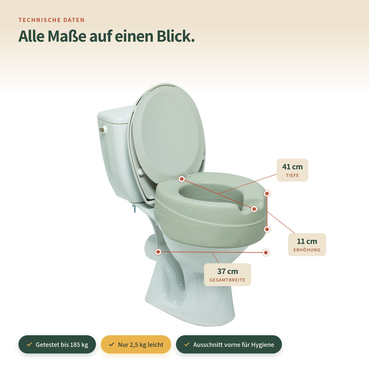 Weich gepolsterte Toilettensitzerhöhung 11 cm – alle Maße auf einen Blick