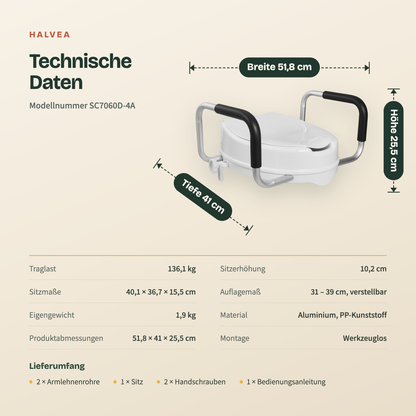 Technische Daten der Toilettensitzerhöhung 10 cm mit Deckel und gepolsterten Griffen