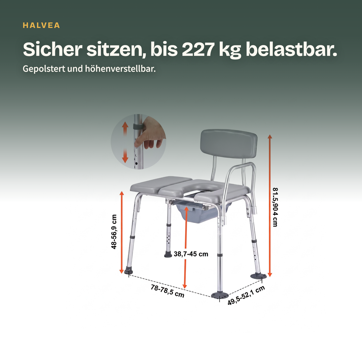 Gepolsterter höhenverstellbarer Toilettenstuhl bis 227 kg