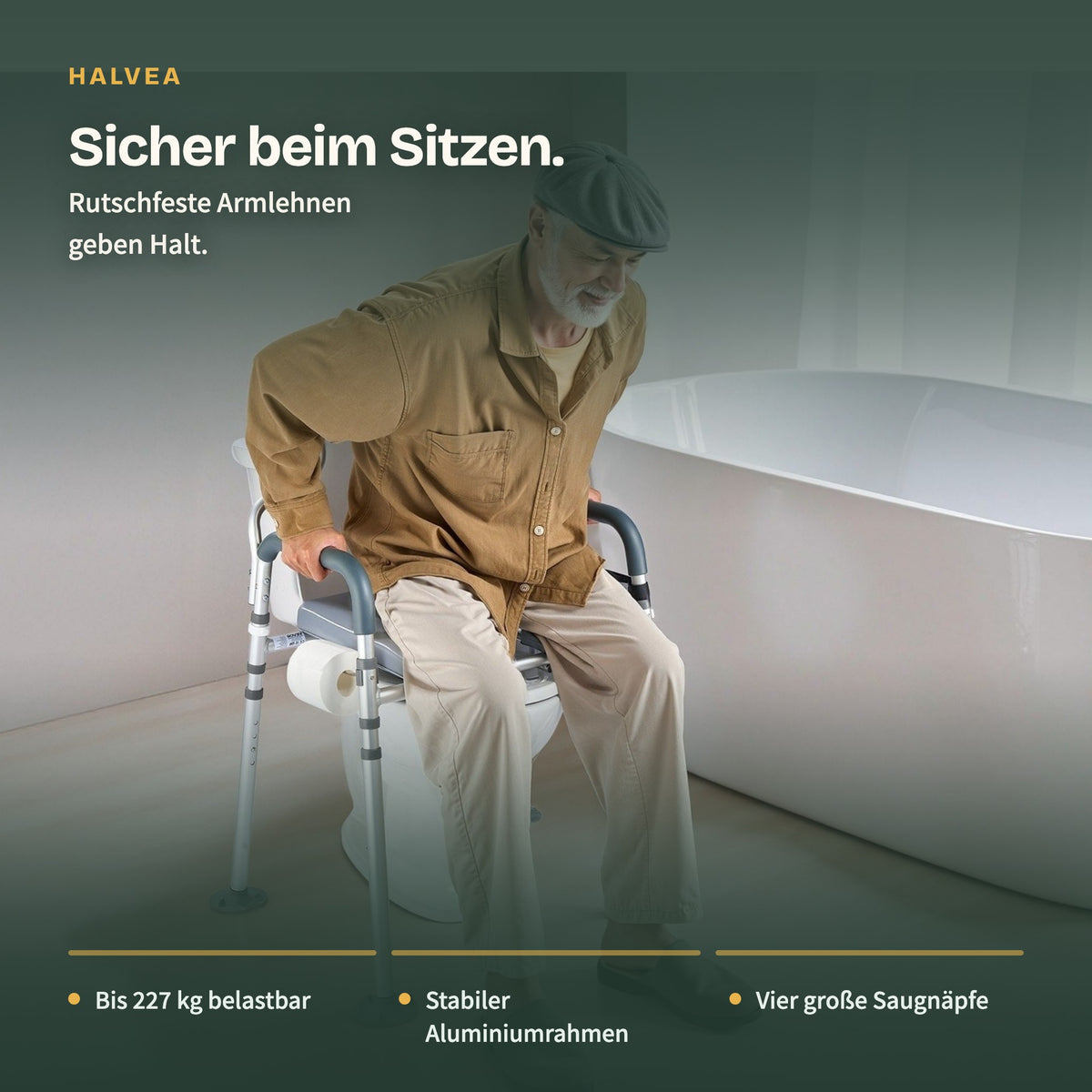 Toilettenstuhl mit rutschfesten Armlehnen und sicherem Halt bis 227 kg