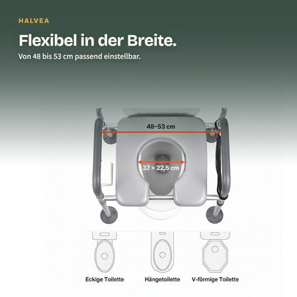 Breitenverstellbarer Toilettenstuhl mit Sitzbreite von 48 bis 53 cm