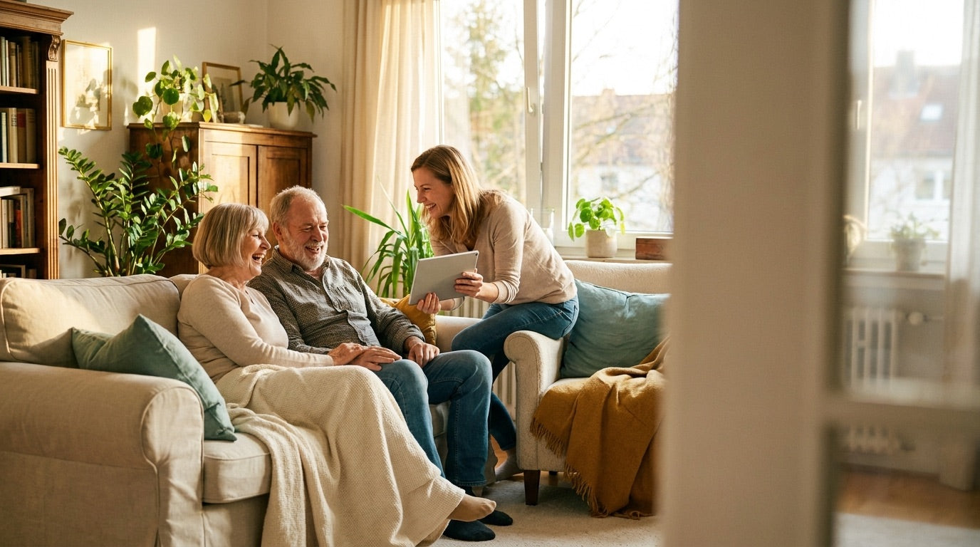 Seniorenpaar mit Tochter im hellen Wohnzimmer